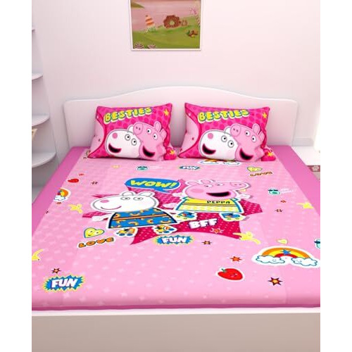 Athom Living Peppa Pig Digital Printed Cotton Kids Double Bedsheet 270X270 Cm,2 Pillow Cover