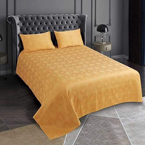Victor Light Weight Super Soft Easy Care Poly Cotton Damask Pattern Double Bedsheet/Bed Cover With 2 Pillow Covers (Camel Gold, 90 X 100 Inch)