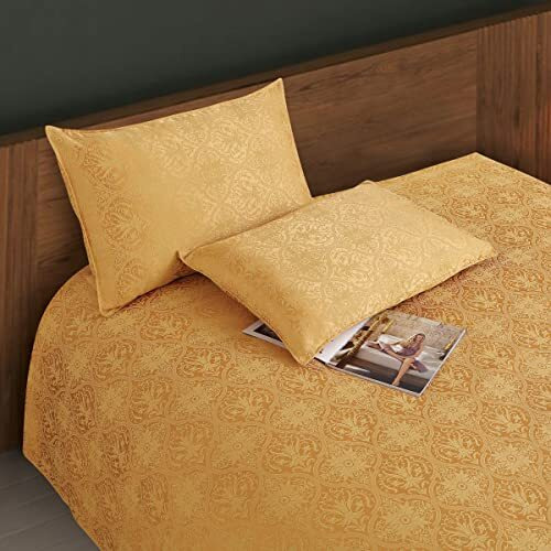 Victor Light Weight Super Soft Easy Care Poly Cotton Damask Pattern Double Bedsheet/Bed Cover With 2 Pillow Covers (Camel Gold, 90 X 100 Inch)