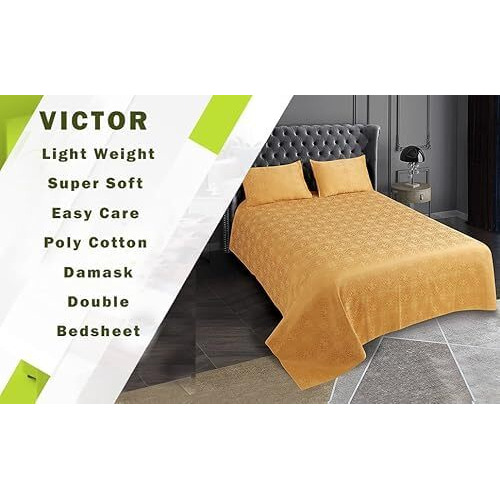 Victor Light Weight Super Soft Easy Care Poly Cotton Damask Pattern Double Bedsheet/Bed Cover With 2 Pillow Covers (Camel Gold, 90 X 100 Inch)