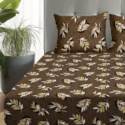 Story@Home Cotton Feel Fitted Bedsheets King Size (6 Ft X 6.5 Ft) With 2 Pillow Covers, Leafs (Brown)