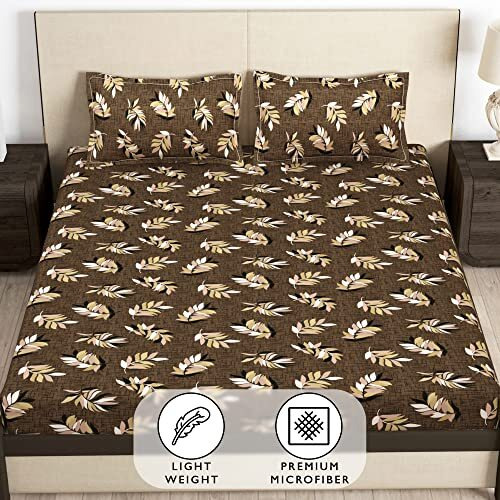 Story@Home Cotton Feel Fitted Bedsheets King Size (6 Ft X 6.5 Ft) With 2 Pillow Covers, Leafs (Brown)