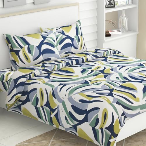 Haus & Kinder Double Flat Bedsheet With 2 Pillow Covers, Queen Size For Double Bed Sheet, 100% Cotton Flat Double Bedsheets, 144 Tc, Palm Paradise