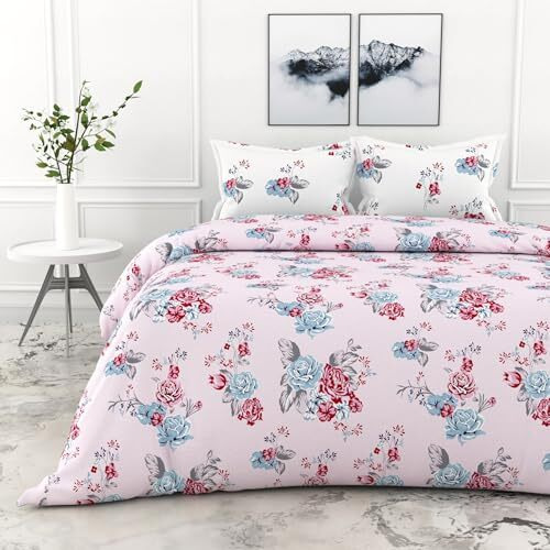 Loreto - A Quality Linen Brand 100% Cotton Bedsheet For Double Bed, 1 Double Bedsheet With 2 Pillow Covers | 186 Tc Queen Size Double Bedsheet Cotton, Floral (White & Grey)