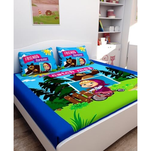 Athom Living Masha And The Bear Digital Printed Cotton Kids Double Bedsheet 270X270 Cm With Set Of 2 Pillow Cover