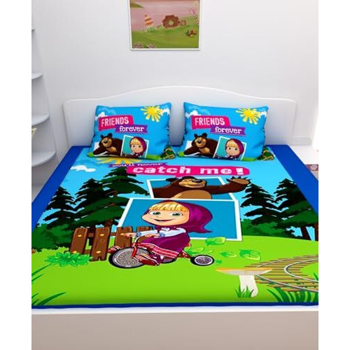 Athom Living Masha And The Bear Digital Printed Cotton Kids Double Bedsheet 270X270 Cm With Set Of 2 Pillow Cover
