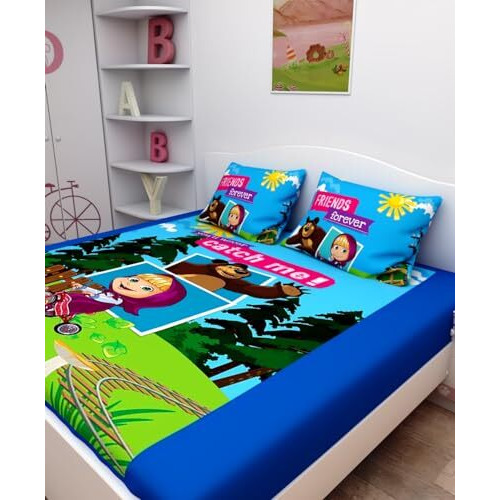 Athom Living Masha And The Bear Digital Printed Cotton Kids Double Bedsheet 270X270 Cm With Set Of 2 Pillow Cover