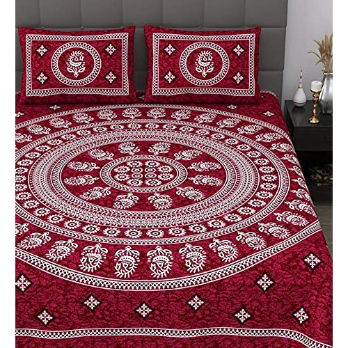Sheetkart 144 Tc Mandala Floral Printed Jaipuri Cotton Double Bedsheet With 2 Pillow Covers, Dark Burgundy-Pack Of 1
