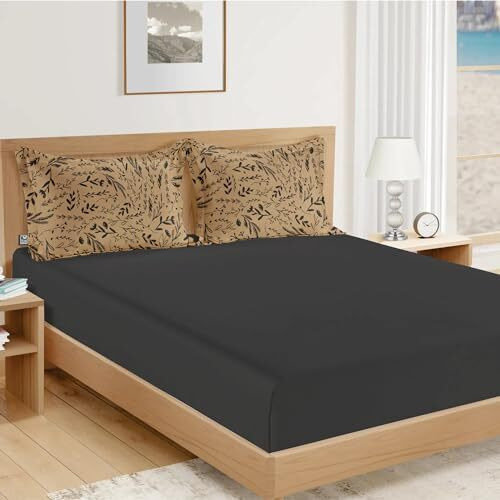 The Wood White 100% Fine Poly Microfiber Threads Double Bedsheet Set With Printed 2 Pillow Covers Wrinkle Free, Breathable, Soft. Queen Size 90 X 100 Inches Or 229 X 254 Cms. Pebble, 250 Tc,Grey
