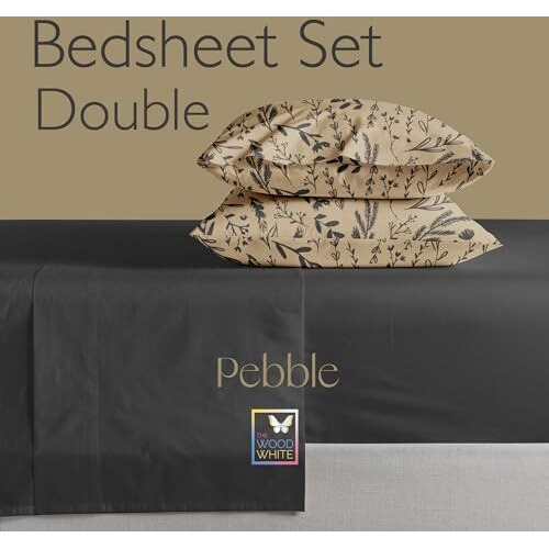 The Wood White 100% Fine Poly Microfiber Threads Double Bedsheet Set With Printed 2 Pillow Covers Wrinkle Free, Breathable, Soft. Queen Size 90 X 100 Inches Or 229 X 254 Cms. Pebble, 250 Tc,Grey