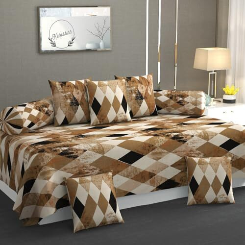Ketostics 300 Tc 100% Pure Cotton Diwan Set Covers 8 Pieces Pure Cotton Designer Printed Standard Diwan Set (1 Single Bedsheet, 2 Bolster Covers, 5 Cushion Covers) (Ds- As 14)