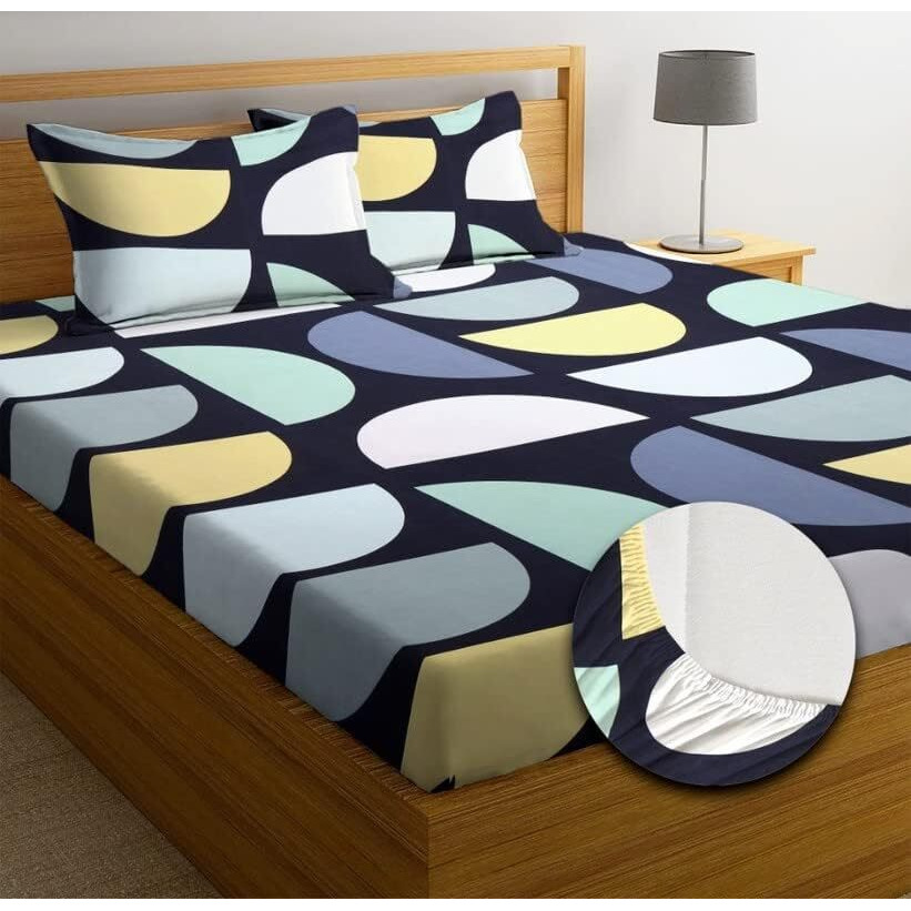 Tarain Collection 210 Tc Pure Cotton Fitted Elastic Double Bedsheet With 2 Pillow Covers 18 Inch X 28 Inch (Bluess) 72 Inch X 78 Inch + 10 Inch ((Black & Grey))
