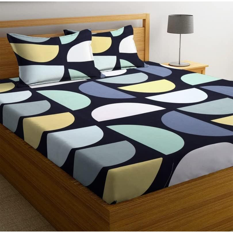 Tarain Collection 210 Tc Pure Cotton Fitted Elastic Double Bedsheet With 2 Pillow Covers 18 Inch X 28 Inch (Bluess) 72 Inch X 78 Inch + 10 Inch ((Black & Grey))