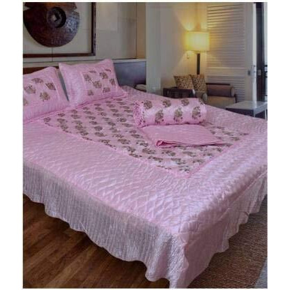 Manavrachit Satin Gold Printed 310 Tc Wedding Bedding Set (Bedsheet With 2 Pillow Covers & 1 Ac Comforter) For Home & Living Room(Set Of 4Pc, Hathi/Elephant Print)(Pink)