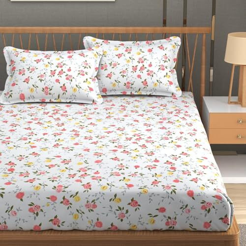 Mallowworld King Size | Microfiber Bed Sheet For Double Bed | Floral Design Bed Spread With 2 Pillow Covers 200 Tc | Wrinkle Free Hypo-Allergenic Bedsheets/Bedcover (90X95 Inches |Red Rose)