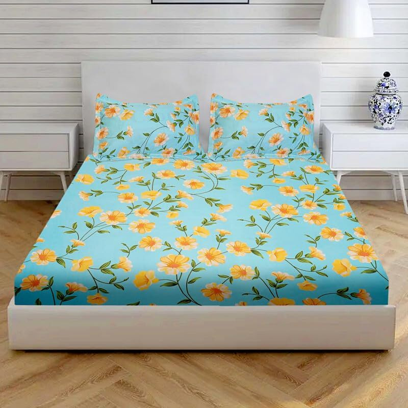 Nestify & Decor Serene Damodar Glace Cotton Queen Bedsheet Set | 110 Tc | 90 X 100 Inches | Flat Sheet With 2 Pillow Covers | Soft, Luxurious & Durable