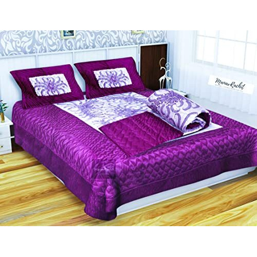 Manavrachit Satin Gold Printed Wedding Bedding Set (1 Double Bed Flat Sheet With 2 Pillow Cover, And 1 Ac Comforter), King Size, 310Tc, Falsa/Purple Color- Set Of 4 Pcs