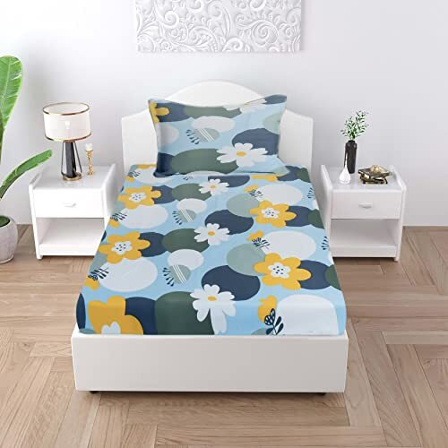Akshya Bedsheet For Single Bed With 1 Pillow Covers 48X72 Bed Fits Upto 6" (Blue)