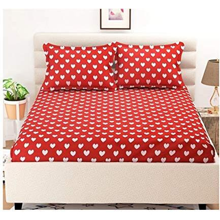 Newways 188Tc 3D Polycotton Heart Couple Celebration Double Bedsheets With 2 Free Matching Pillow Covers (228X228 Cm, Red)