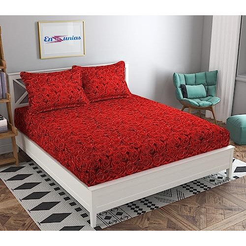 Engunias Present Lite Weight 154 Tc Polycotton Floral Double Bedsheet With 2 Matching Pillow Covers (Size 90 By 90 Inch, Red -Rose)