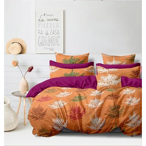 Cortina Polycotton 144 Tc Printed Double Bedsheet With 2 Pillow Covers, Orange