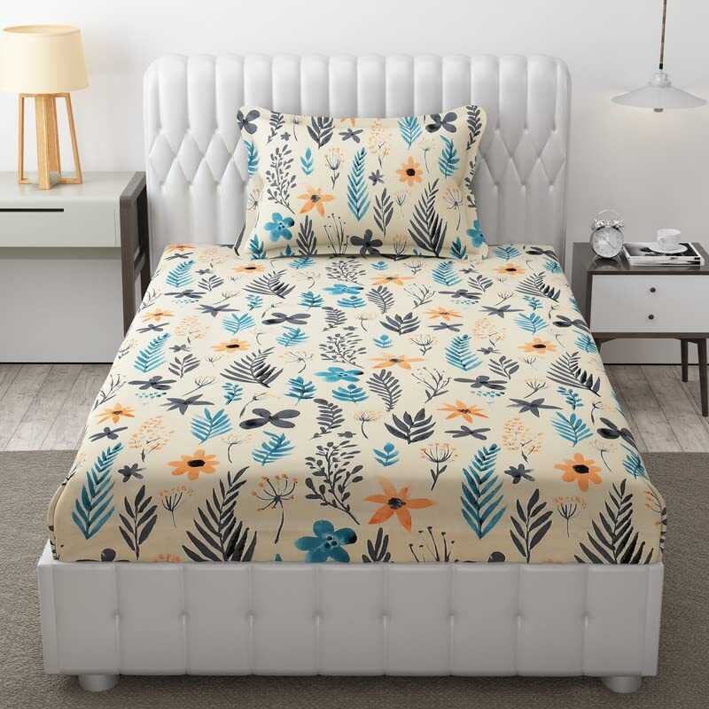 Ultica Fab Single Bed Bedsheets 100% Cotton 144 Tc Printed Bedsheets With 1 King Size Pillow Cover, (60X90 Inches, 5 X 7.5 Feet, Cream Color With Floral Pattern)