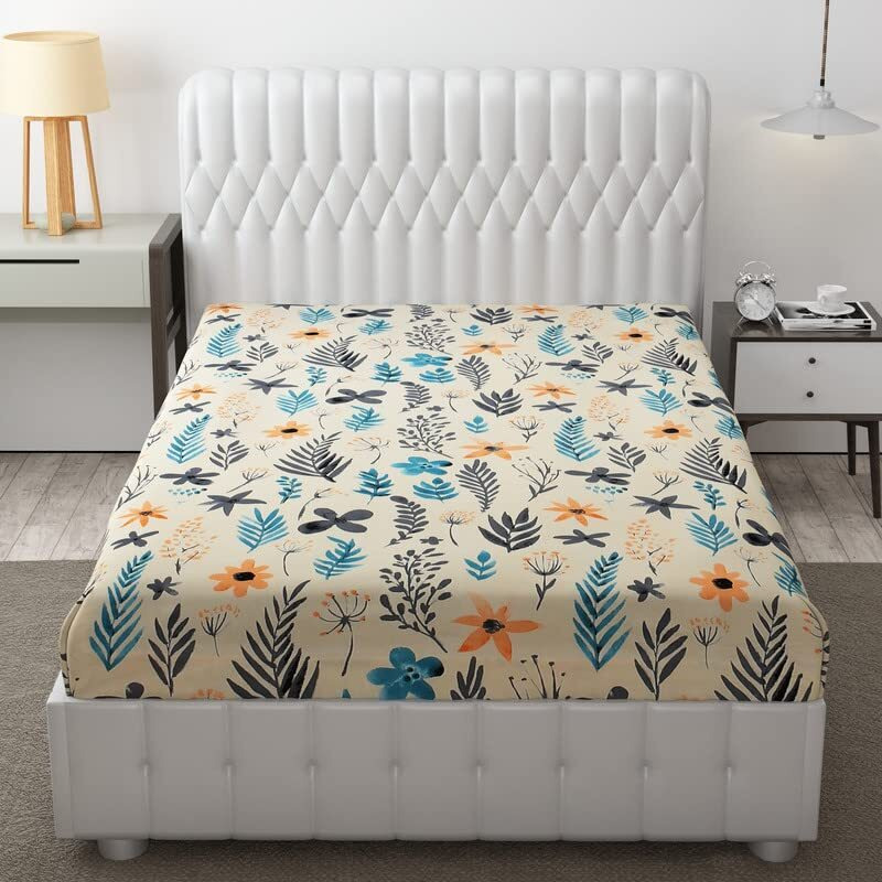 Ultica Fab Single Bed Bedsheets 100% Cotton 144 Tc Printed Bedsheets With 1 King Size Pillow Cover, (60X90 Inches, 5 X 7.5 Feet, Cream Color With Floral Pattern)