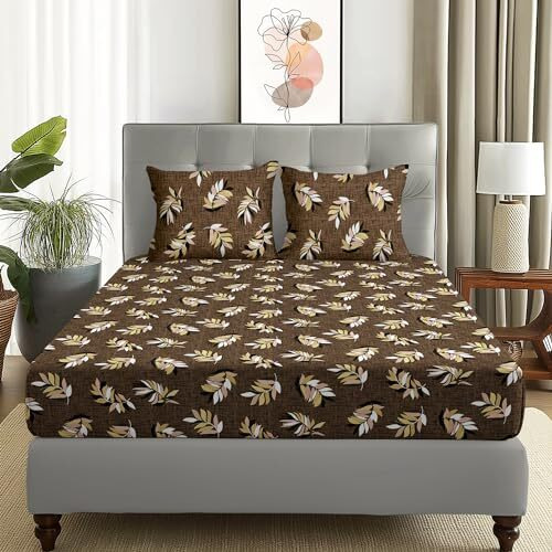 Story@Home Bedsheet For Double Bed With 2 Pillow Covers| Microfiber Bedsheet | Soft & Light-Weight Double Bedsheet Set Of 1 | 225X250Cm | 180Tc | Brown | Leafs | Ideal For Double Size Bedsheet