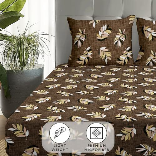Story@Home Bedsheet For Double Bed With 2 Pillow Covers| Microfiber Bedsheet | Soft & Light-Weight Double Bedsheet Set Of 1 | 225X250Cm | 180Tc | Brown | Leafs | Ideal For Double Size Bedsheet