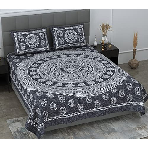 Sheetkart Motif Mandala Printed 144 Tc Cotton Double Bedsheet With 2 Pillow Covers - Grey