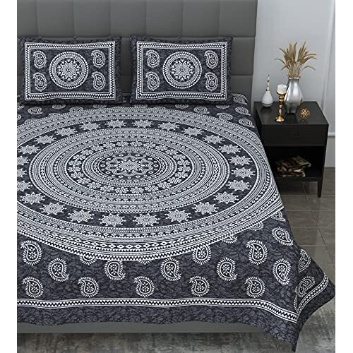 Sheetkart Motif Mandala Printed 144 Tc Cotton Double Bedsheet With 2 Pillow Covers - Grey