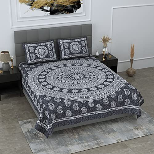 Sheetkart Motif Mandala Printed 144 Tc Cotton Double Bedsheet With 2 Pillow Covers - Grey