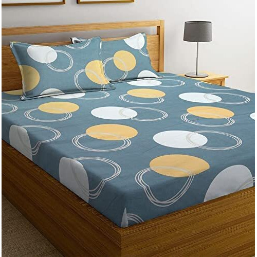 Tarain Collection Cotton 220 Tc Printed Flat Double Bedsheet With 2 Pillow Covers 18X28 Inches (Grey & White Circle) 90X100 Inches