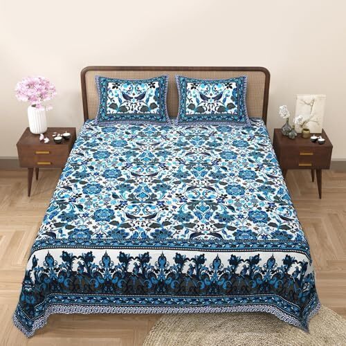 Tamasvini Cotton 144 Tc 1 Bedsheet With 2 Pillow Covers Sanganeri Jaipuri Print (Size 108 Inches X 108 Inches) Super King Size Bedsheet For Home And Living Room (Blue Bird)