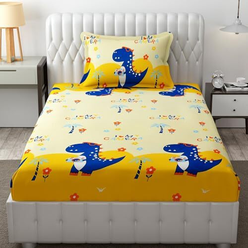 Mallowworld Kids Cartoon Dinasaur Selfie Print Bedsheet 1 Single Bedsheet With 1 Pillow Cover Size 60 Inch X 90 Inch