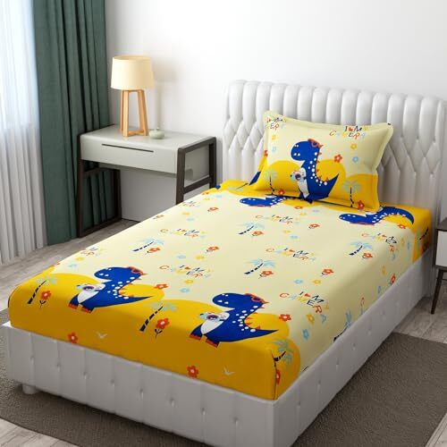 Mallowworld Kids Cartoon Dinasaur Selfie Print Bedsheet 1 Single Bedsheet With 1 Pillow Cover Size 60 Inch X 90 Inch