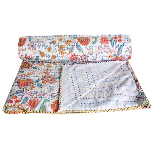 The Furnishing Tree Katha Hand Work Bedsheet/Dohar/Stitch Cotton Ac Comforter For King Size Double Bed Bedsheet Floral Multicolor On Offwhite Base