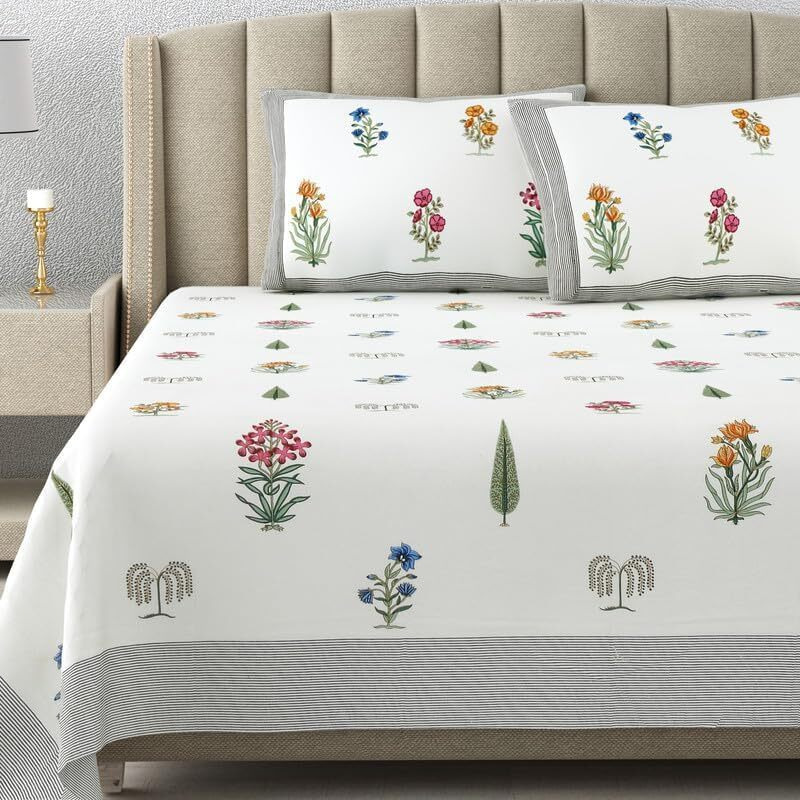 Elanorhomes 240 Tc Cotton Double King Size Bedsheet | Ultra-Soft & Skin-Safe | Breathable Summer Comfort | 93X108 Inches With 2 Pillow Covers (Gulzaar)