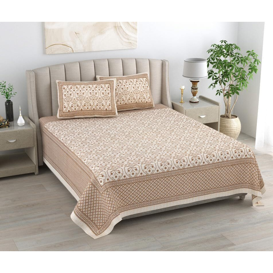 Kotts & Stitch Jaipuri Cotton Bedsheet  Pure Cotton Double Bedsheet, 93X108, Traditional Jaipuri Print With 2 Pillow Covers, Stylish And Durable Design For Home (Brown)