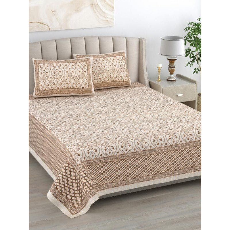 Kotts & Stitch Jaipuri Cotton Bedsheet  Pure Cotton Double Bedsheet, 93X108, Traditional Jaipuri Print With 2 Pillow Covers, Stylish And Durable Design For Home (Brown)