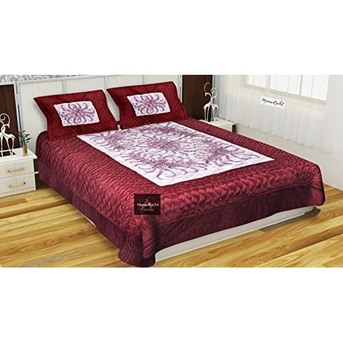 Manavrachit Satin Gold Printed 310 Tc Wedding Bedding Set (Bedsheet With 2 Pillow Covers) For Home & Living Room(Set Of 3Pc, Vip Print) (Maroon)