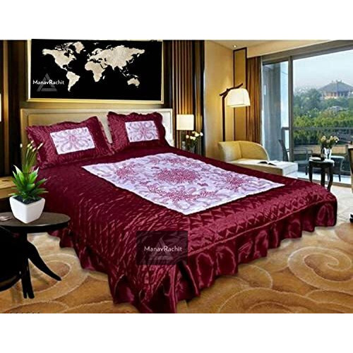 Manavrachit Satin Gold Printed 310 Tc Wedding Bedding Set (Bedsheet With 2 Pillow Covers) For Home & Living Room(Set Of 3Pc, Vip Print) (Maroon)