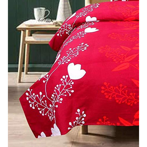 Engunias Double Sized Cotton Feel 100% Glace Cotton Bedsheet Set Of 1 Bedsheet With 2 Pillow Covers (1 Double Bedsheets With 2 Pillow Covers) Floral Design 1 (Red)