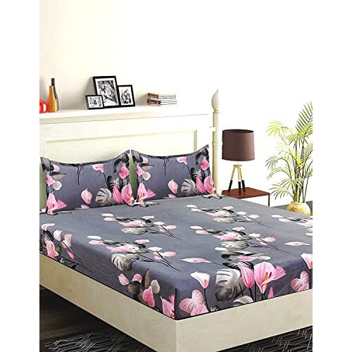 Helvetica Supersoft 144Tc Polycotton Elastic Fitted Bedsheet Queen Size 90X100 Inches For Double Bed With 2 Pillow Covers