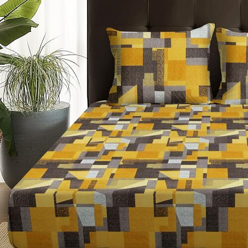 Story@Home Bedsheet For Double Bed | 180 Tc | Mustard | Geometric | 1 Piece Microfiber Bedsheet For Double Bed With 2 Pillow Covers (225 X 250Cm) Perfect For Home Decor & Gifting | Microfiber Bedsheet