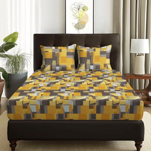 Story@Home Bedsheet For Double Bed | 180 Tc | Mustard | Geometric | 1 Piece Microfiber Bedsheet For Double Bed With 2 Pillow Covers (225 X 250Cm) Perfect For Home Decor & Gifting | Microfiber Bedsheet