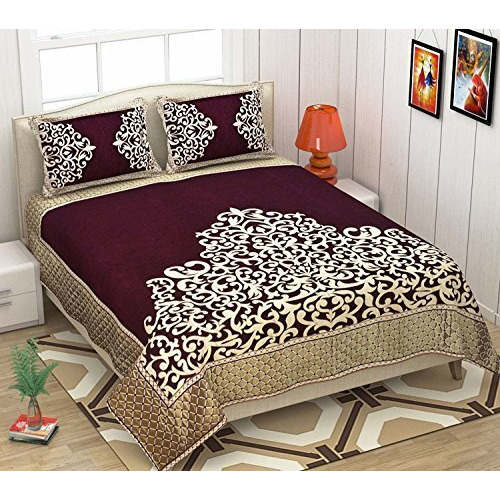 Fresh From Loom Chenille Velvet Floral 500 Tc Heavy Bedsheet For Double Bed King Size - 90 X 100 Inch Wine Color With 2 Pillow Covers