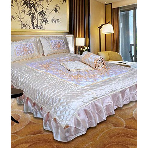 Manavrachit Satin Gold Printed Wedding Bedding Set For Home & Living Room, 310 Tc, King Size, White - Set Of 4 Pieces