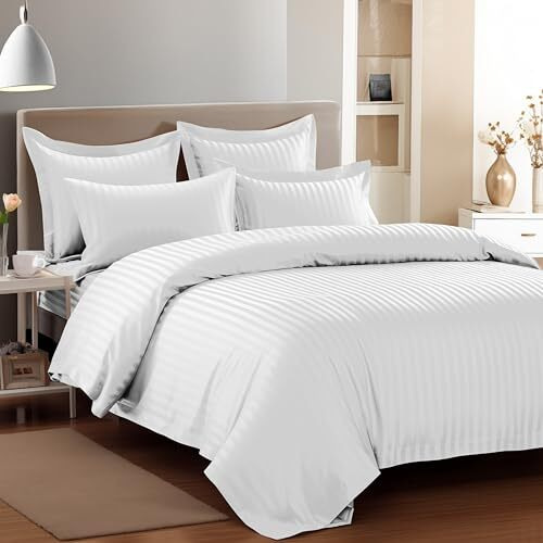 Story@Home Bedsheets For Double Bed With 2 Pillow Cover | 300Tc Microfiber Double Bedsheet With Pillow Cover | 225 X 250Cm | White, Stripes Pattern | Home Decor | Perfect For Festive Gifting