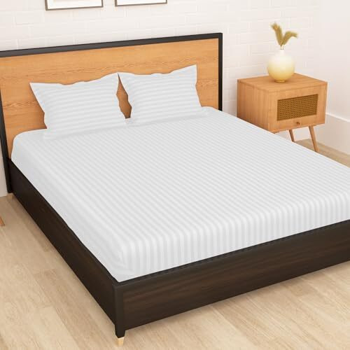 Story@Home Bedsheets For Double Bed With 2 Pillow Cover | 300Tc Microfiber Double Bedsheet With Pillow Cover | 225 X 250Cm | White, Stripes Pattern | Home Decor | Perfect For Festive Gifting